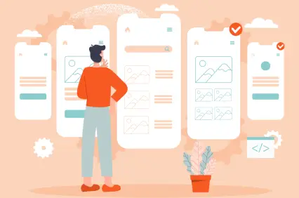 Illustration d'un personnage devant des écrans de smartphone